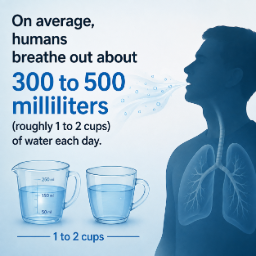 On average, humans breathe out about 300 to 500 milliliters (roughly 1 to 2 cups) of water each day.